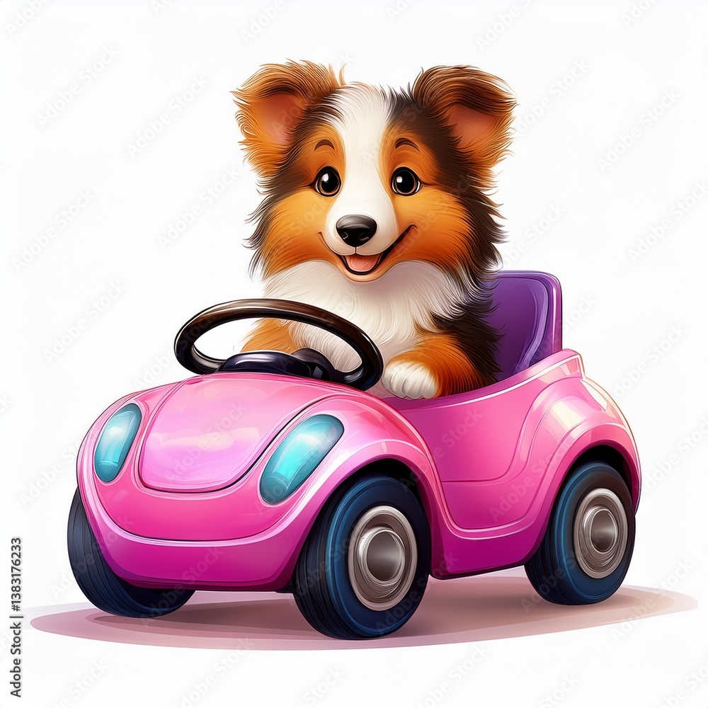 Fototapeta Collie Welpe im pinken Auto