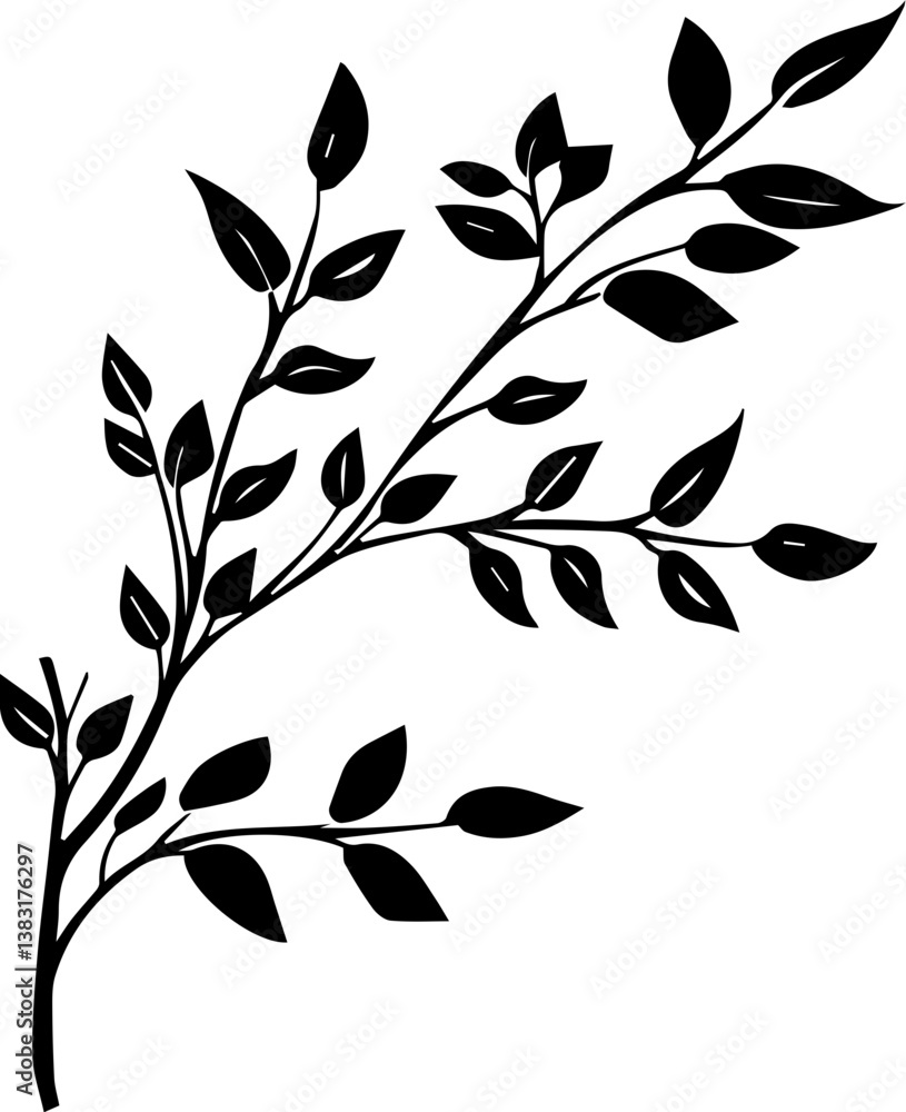 black and white silhouette of a twig with leaves, minimalist vector illustration black and white silhouette of a twig with leaves, minimalist vector illustration