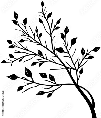 Obraz na plátně black and white silhouette of a twig with leaves, minimalist vector illustration
