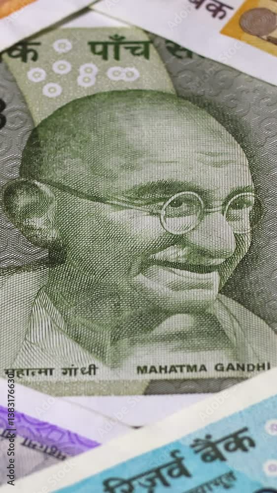 Сlose-up view of Indian 500 rupee banknote with portrait of Mahatma Gandhi with changing selective focus and zooming. Vertical video. Concept of saving money, cash payments, Indian economy.