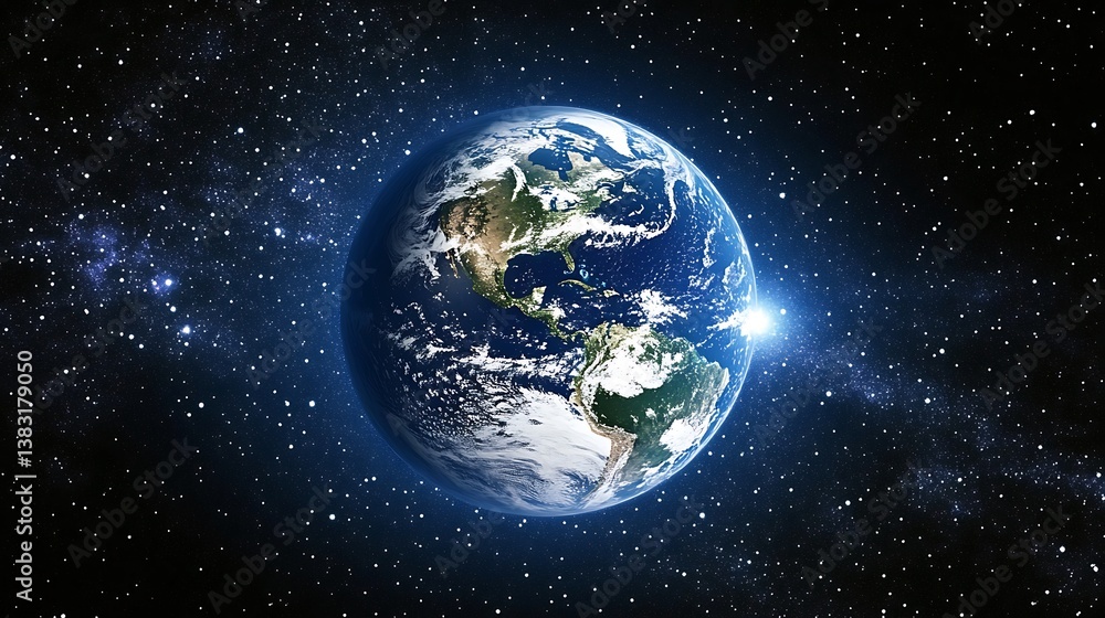 Obraz premium Earth View from Space with Clouds, Continents, and Visible Sunlight on Globe