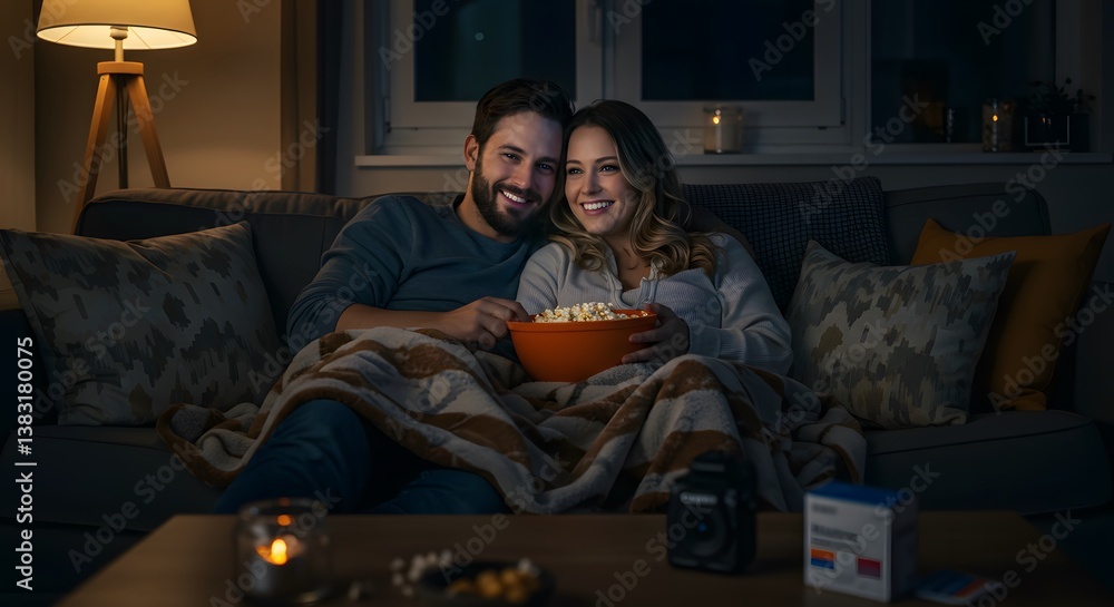 Obraz premium A couple enjoying a relaxing movie night at home, cuddling under a cozy blanket and eating popcorn. A warm and intimate scene.