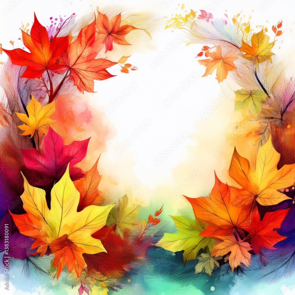 Fototapeta premium beautiful border frame of autumn-themed painting with autumn leaves and soft abstract white background with copy space