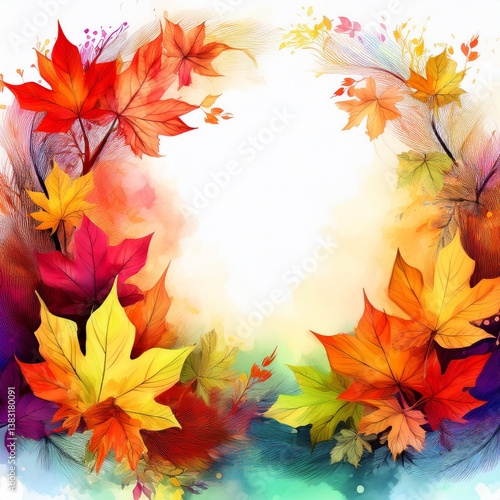 beautiful border frame of autumn-themed painting with autumn leaves and soft abstract white background with copy space