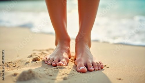 men's bare feet serene ocean background  
