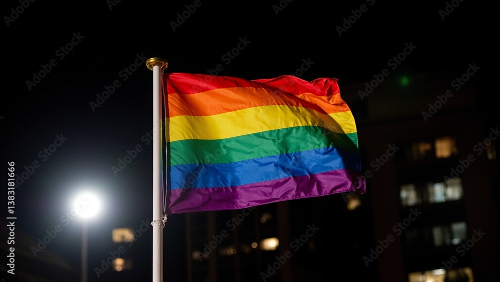 Fototapeta premium Vibrant pride flag shining with LED lights in urban night setting Symbol of diversity love and equality Perfect for LGBTQ concepts