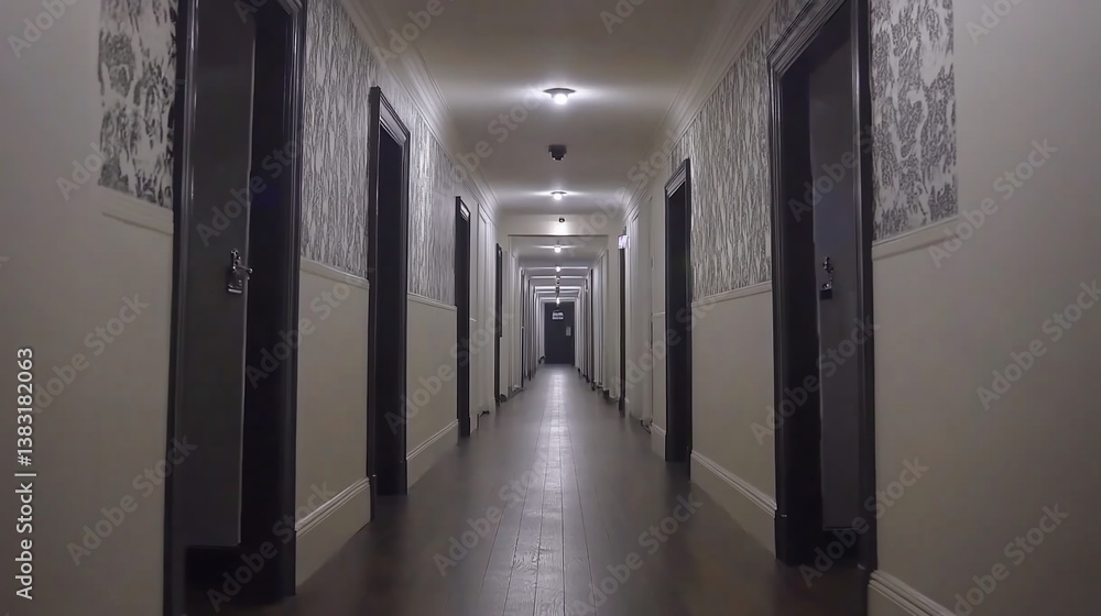Long Hotel Corridor, Dark, Mysterious, Elegant Interior Design, Grey Walls, Patterned Wallpaper, Dark Doors, Recessed Lighting, Wooden Floor Long Hotel Corridor, Dark, Mysterious, Elegant Interior Design, Grey Walls, Patterned Wallpaper, Dark Doors, Recessed Lighting, Wooden Floor