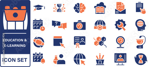 Online education icon set. Containing video tuition, e-learning, online course, audio course, educational website and digital education icons. Solid icon collection.