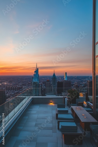 View of Philadelphia skyline from a rooftop bar at sunset