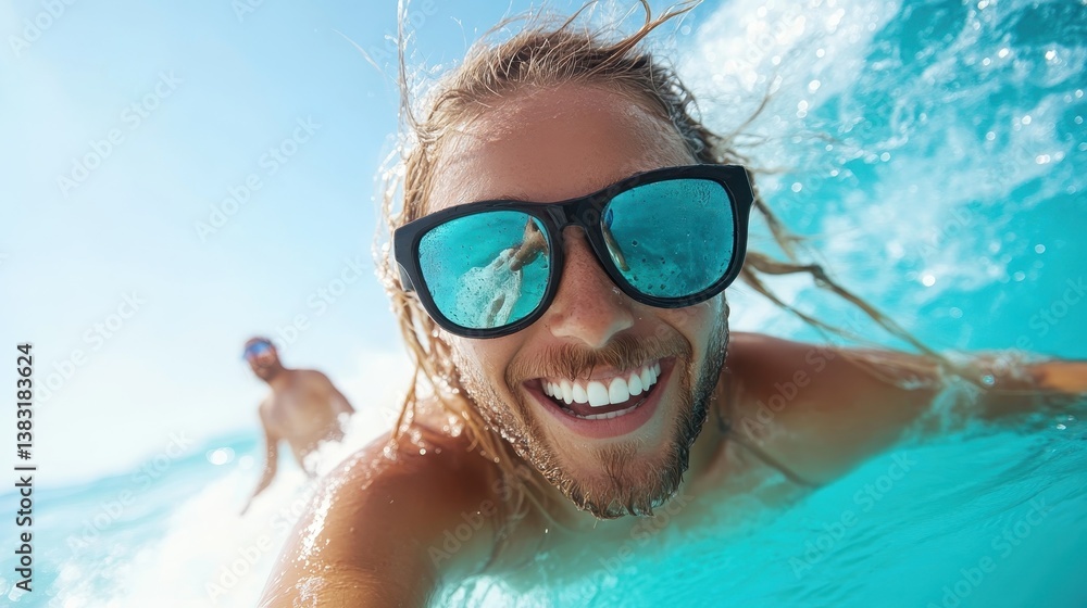 Naklejka premium A thrilling wave ride is captured with a surfer beaming widely, highlighting the exuberance and freedom of water sports in the refreshing ocean surf.