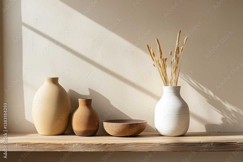 Minimalist decor featuring ceramic vases and wooden bowl, showcasing soft, dreamy aesthetic with natural light casting shadows