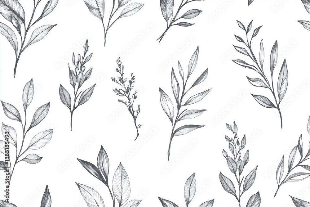 Monochrome botanical illustration featuring various leaf designs, showcasing intricate details and elegant lines. Perfect for nature inspired decor or design projects