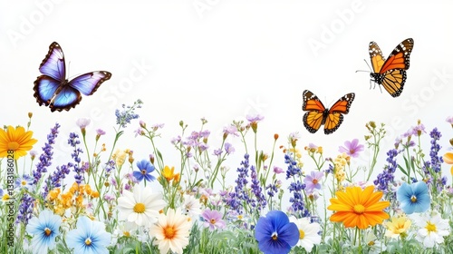 Fototapeta Naklejka Na Ścianę i Meble -  Vibrant spring meadow with colorful wildflowers and flying butterflies against a bright white background capturing the essence of nature and beauty in a bright style