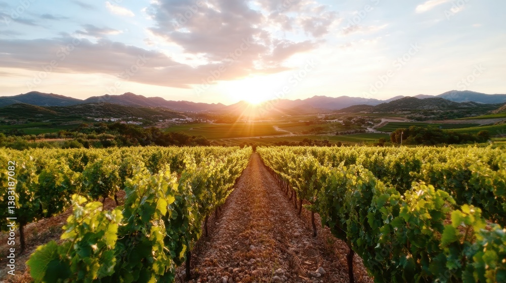 Naklejka premium A stunning view of a golden sunset casting warm hues over the vineyard landscape, emphasizing the beauty of nature as the sun dips behind distant mountains and rolling hills.