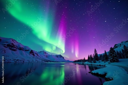 Vivid purple aurora borealis illuminating the starry sky over Norway, Scandinavia, night sky, astronomy