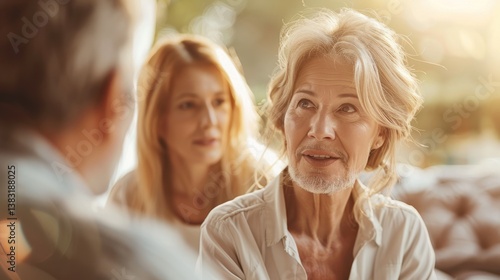 Senior woman listening in conversation, family indoors