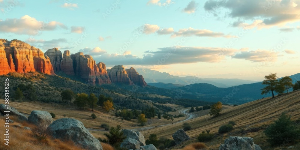 Obraz premium Scenic Sunset Landscape Red Rock Mountains Desert Road Dramatic Sky