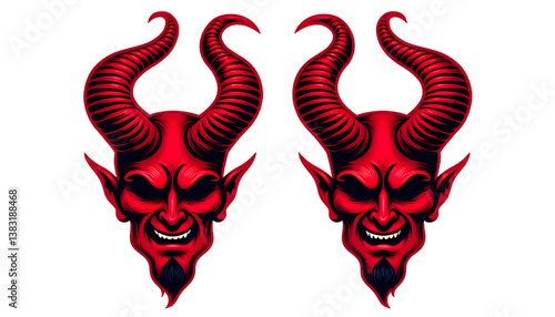 3D Halloween red devil horns. Cutout satan character horns design element isolated on white background