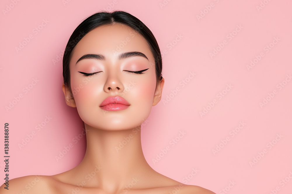 Minimalist portrait of young woman with delicate features, closed eyes, and soft makeup against pink background, conveying serene and peaceful expression