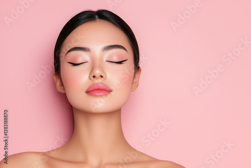 Obraz na płótnie Minimalist portrait of young woman with delicate features, closed eyes, and soft makeup against pink background, conveying serene and peaceful expression w salonie
