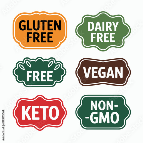 Set of Dietary Labels Including Gluten Free, Vegan, Keto, and Non-GMO