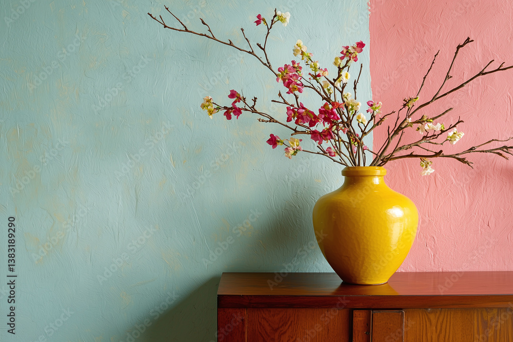 vibrant yellow vase filled with branches and flowers sits on wooden table against pastel blue and pink wall, creating cheerful and modern atmosphere