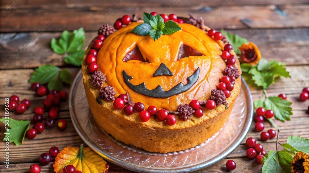 Pumpkin Pie with a Jack-o'-Lantern Face Surrounded by Red Berries and Autumn Leaves on a Rustic Wooden Surface Pumpkin Pie with a Jack-o'-Lantern Face Surrounded by Red Berries and Autumn Leaves on a Rustic Wooden Surface