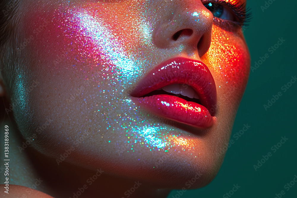 vibrant beauty portrait showcasing young woman face adorned with shimmering glitter and colorful highlights, exuding modern and fresh aesthetic