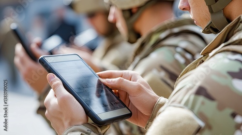 Military with modern technology : soldiers with tablets, smartphones or other gadgets. 