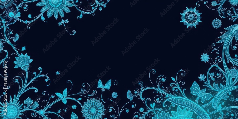 Elegant Teal Floral Design Swirls Butterflies Dark Background Decorative Frame Elegant Teal Floral Design Swirls Butterflies Dark Background Decorative Frame