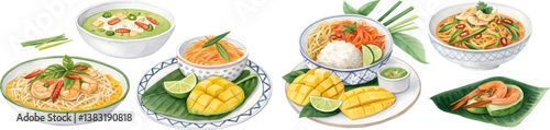 watercolor vector illustrations of thai food, isolated on white