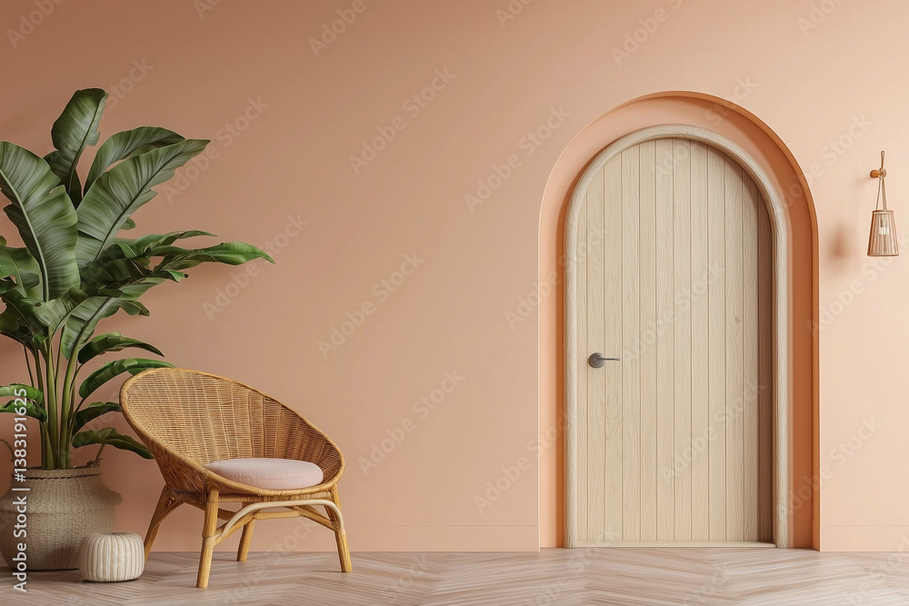 Minimalist studio room with light peach pastel walls, wooden door, and rattan chair. space features large green plant, creating serene and inviting atmosphere