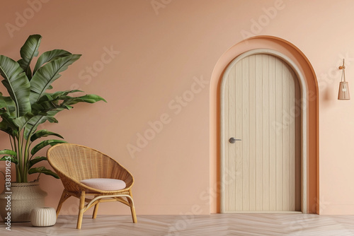 Obraz na płótnie Minimalist studio room with light peach pastel walls, wooden door, and rattan chair. space features large green plant, creating serene and inviting atmosphere w salonie