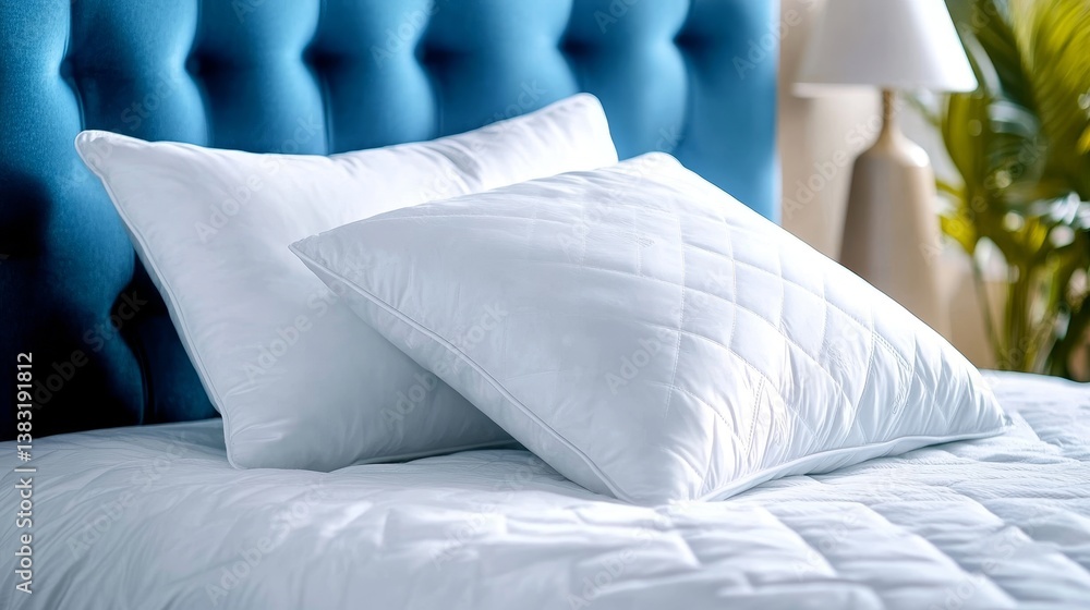 Fototapeta premium Two white pillows on a bed with a blue headboard