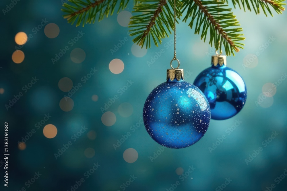 Fototapeta premium Blue glass ball ornaments hanging on tree branches , blue, branch