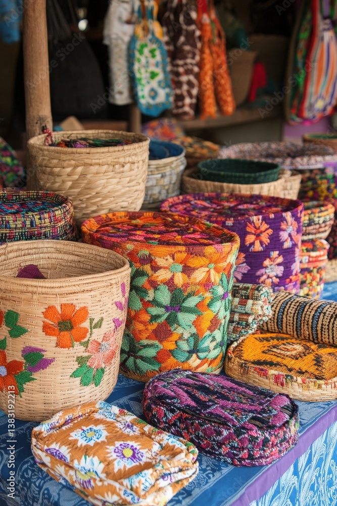Woven baskets and fabrics displayed in an artisan market