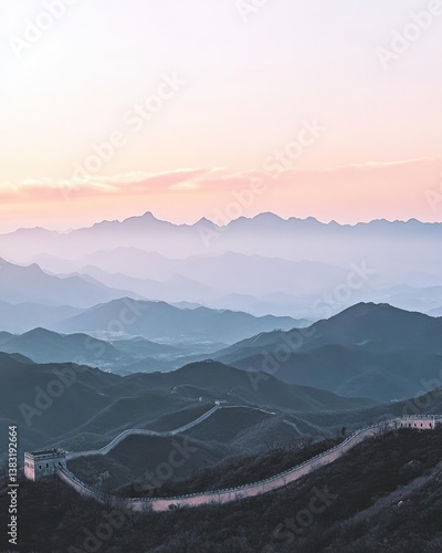 Sunrise shot of the Great Wall with soft pastel skies