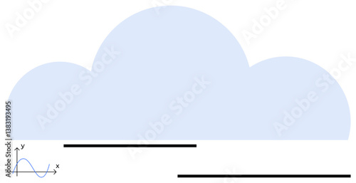 Blue cloud shape with a small graph axis and sine wave, two horizontal lines beneath. Ideal for data, networking, technology, science, communication, analytics cloud storage. Flat simple metaphor