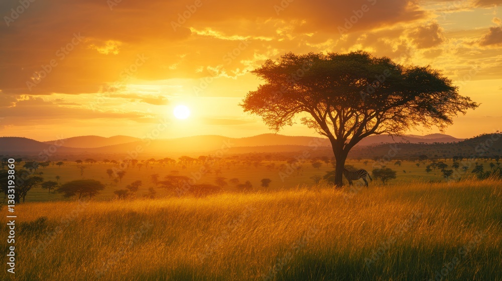 Obraz premium African savanna sunset with acacia tree silhouette.