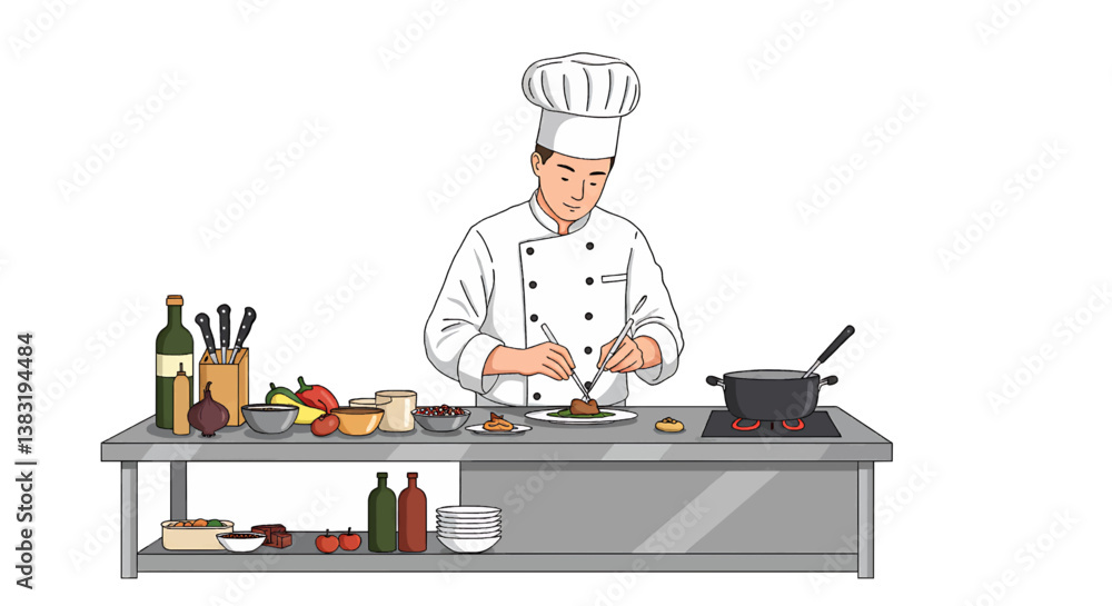 Chef plating food in kitchen, Culinary art, Gourmet dish Chef plating food in kitchen, Culinary art, Gourmet dish