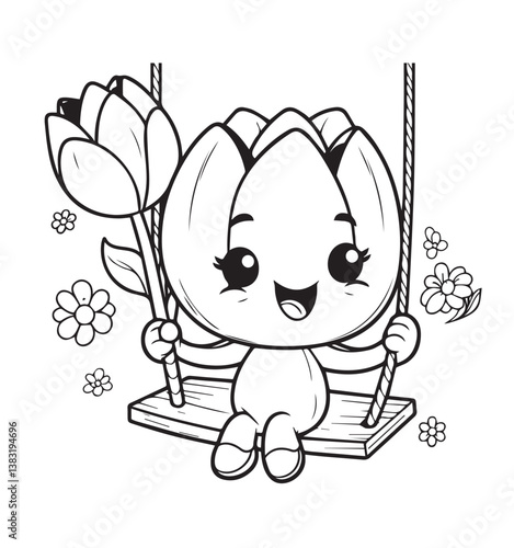 Coloring book tulip character swinging happily, holding another tulip, and surrounded by small flowers