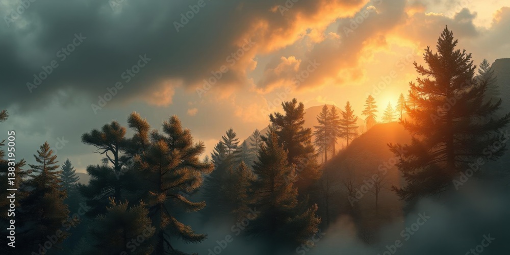 Obraz premium Majestic Sunset Over Misty Pine Forest Landscape