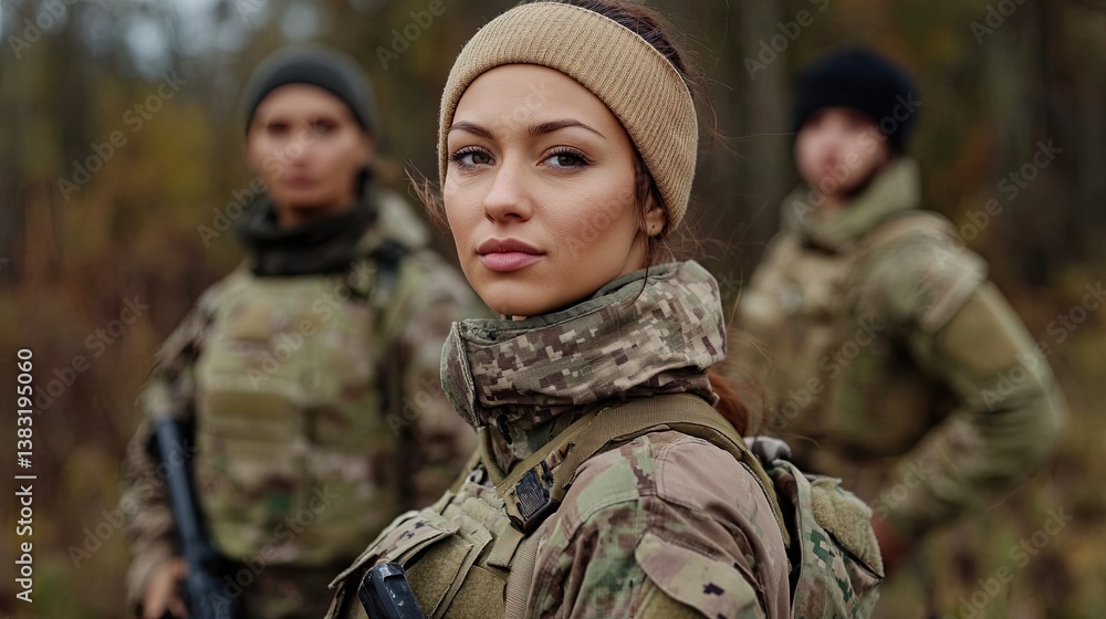 Fototapeta premium Woman on patrol : A soldier patrolling an area with her companions. 