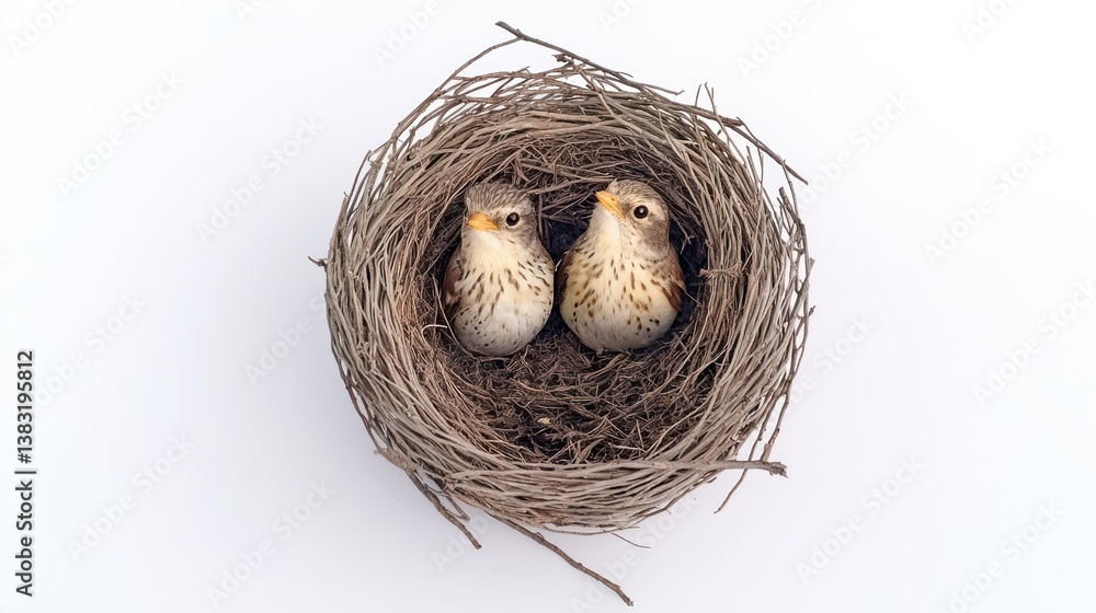 Two Baby Birds Nestled Together in a Rustic Bird's Nest on White Background Two Baby Birds Nestled Together in a Rustic Bird's Nest on White Background