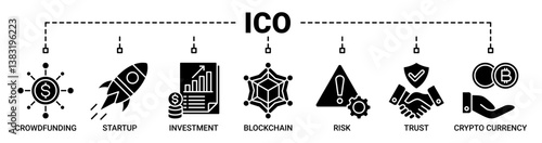 ICO banner web icon vector illustration concept with icon of initial coin offering with icon of crowdfunding, startup, investment, blockchain, risk, trust and cypto currency icons glyph symbol.