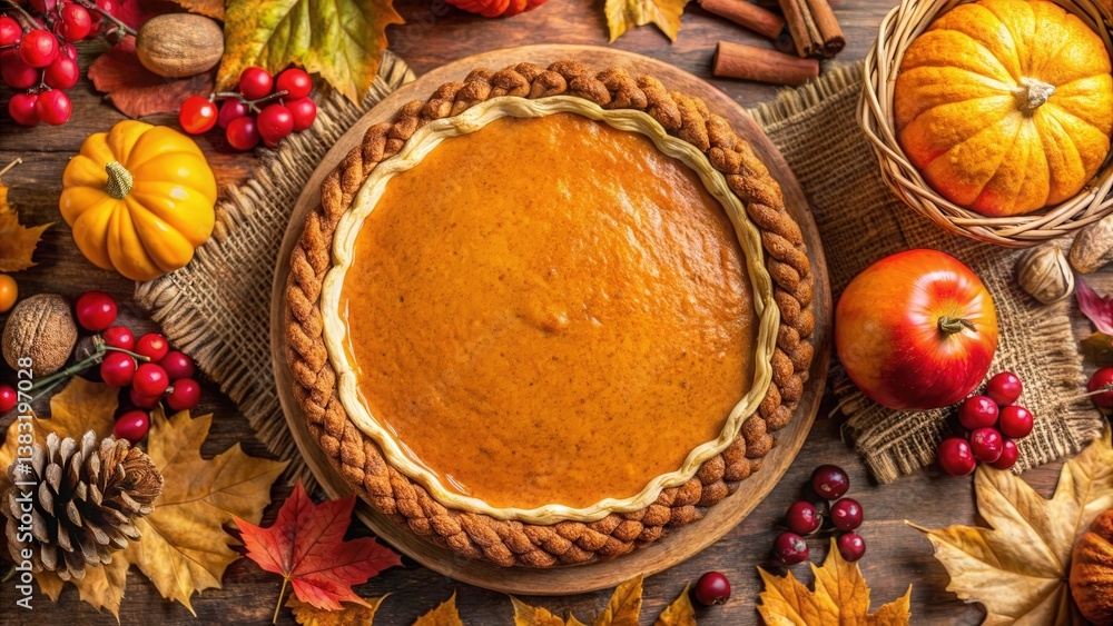Fototapeta premium A classic pumpkin pie, a seasonal dessert, surrounded by autumnal leaves, nuts, cinnamon sticks, and a ripe apple.