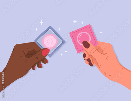 Female multiracial hands holding condoms package. Concept of contraception method, protection against infections, prevention HIV and AIDS, unwanted pregnancy, safe sex. Vector flat illustration