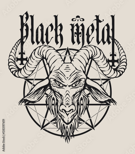 Vector banner on occultism and witchcraft, death metal rock music with phrase Black metal written in gothic font with inverted crosses and horned goat head and satanic pentagram. Used for poster