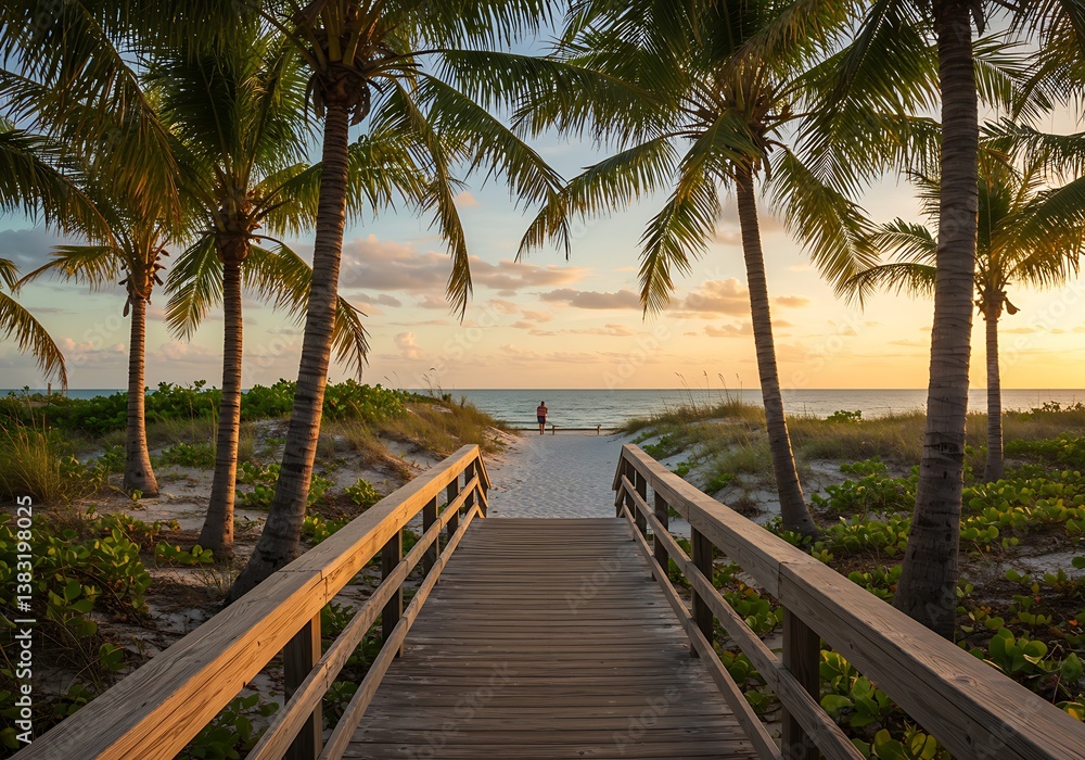 Obraz premium A tranquil sunset stroll along a wooden boardwalk, leading to a pristine beach under a canopy of swaying palm trees, bathed in warm golden light.