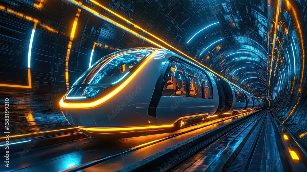 A futuristic transportation pod flying through a high-tech tunnel with bright, glowing walls A futuristic transportation pod flying through a high-tech tunnel with bright, glowing walls